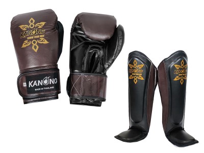 Guantoni + Paratibie Muay Thai Kanong (in vera pelle) : Marrone/Nero